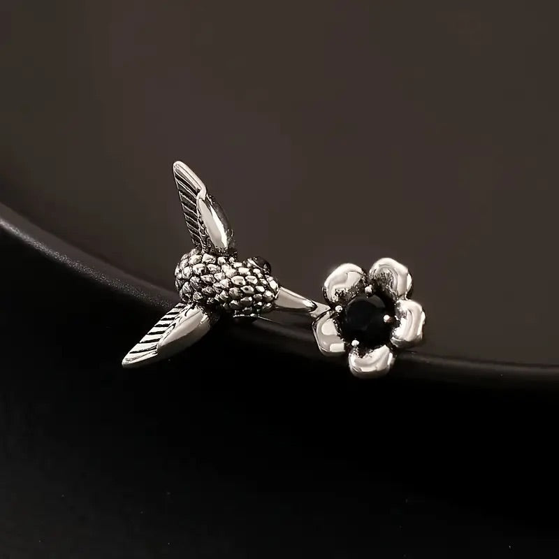 Hummingbird & Flower Ring – Verstelbare Open Vogelring voor Vrouwen