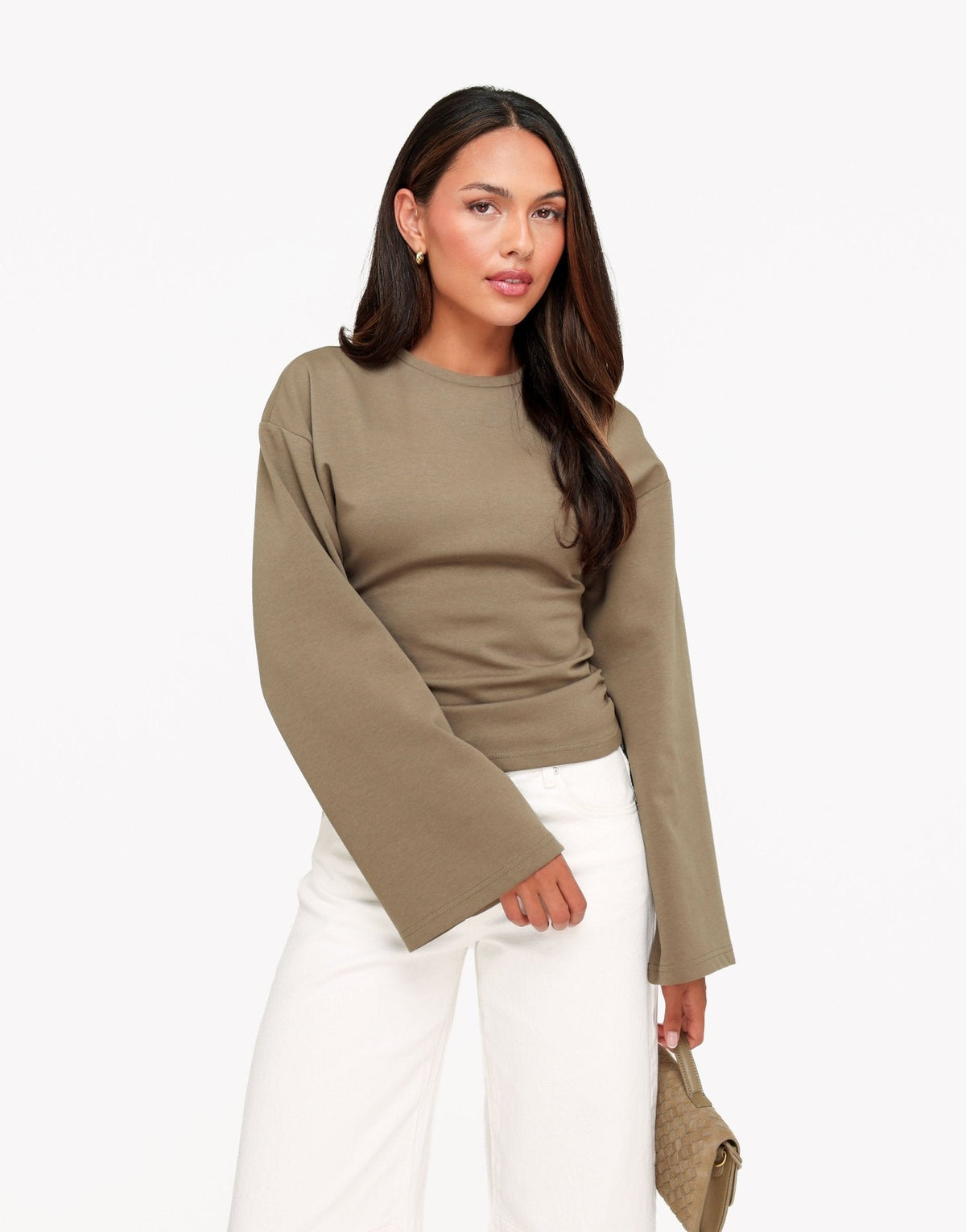 Khaki Getailleerde Wijde Mouwen LS - Top