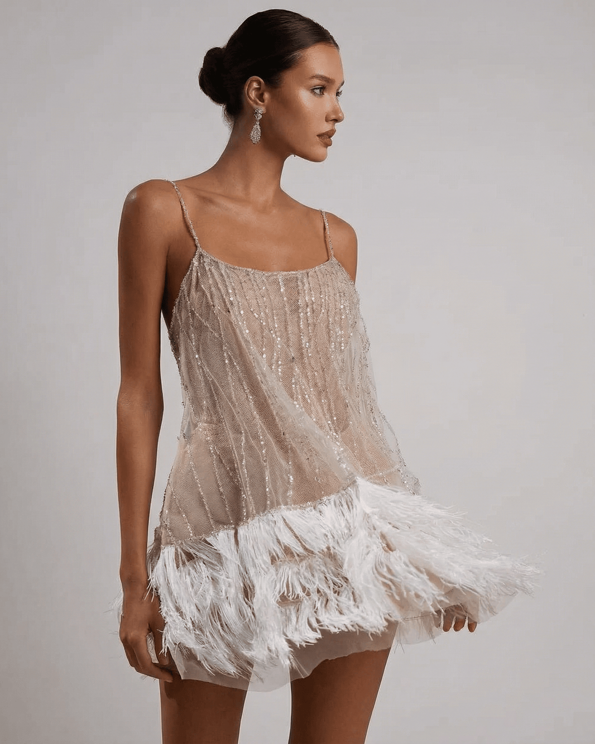 Mini Jurk Dames Sequin Tulle Elegante Feather Detail Feestelijk