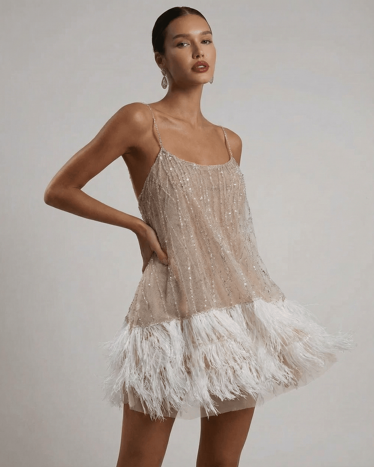 Mini Jurk Dames Sequin Tulle Elegante Feather Detail Feestelijk