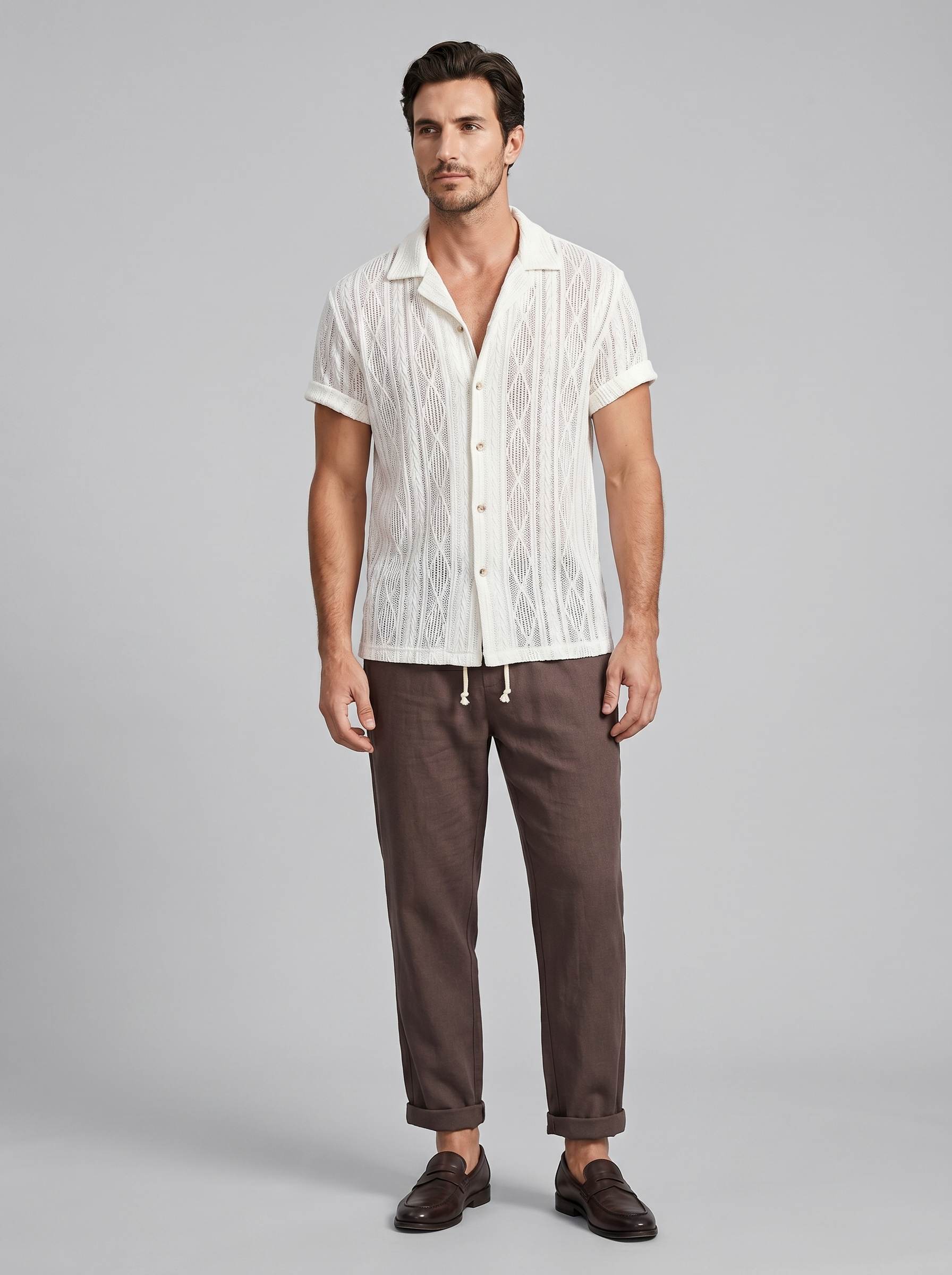 Open-Knit Shirt Trousers Set Heren Zomer Casual