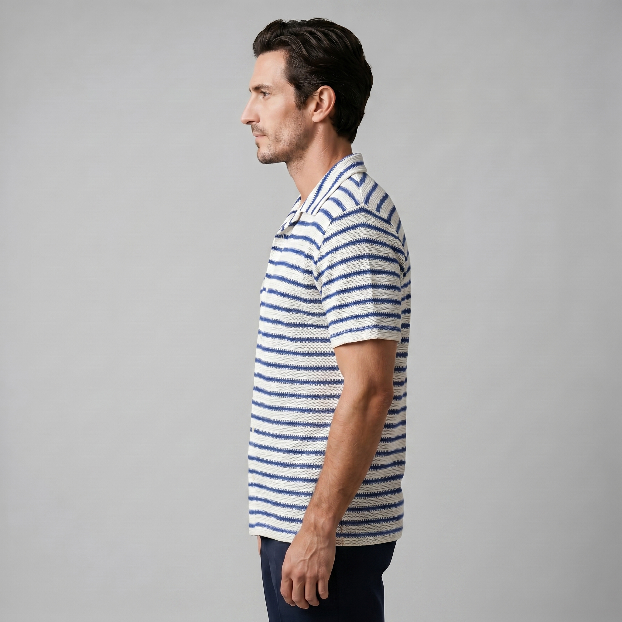 Open Knit Stripe Resort Shirt Heren Zomer Casual