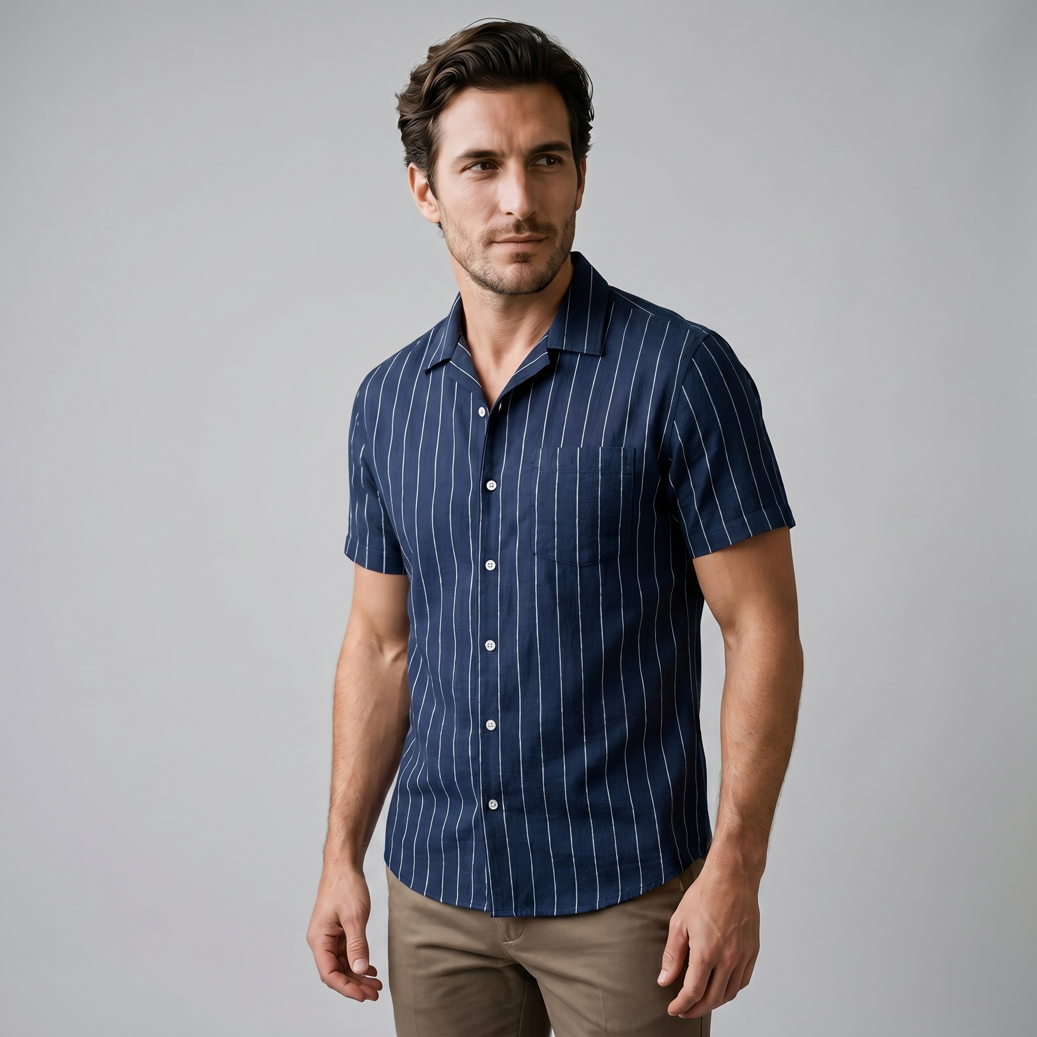 Pinstripe Camp Shirt Heren Korte Mouwen Casual Zomer