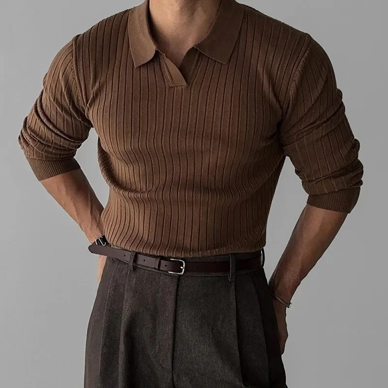 Polo Heren Lange Mouwen V-Hals Slim Fit Casual