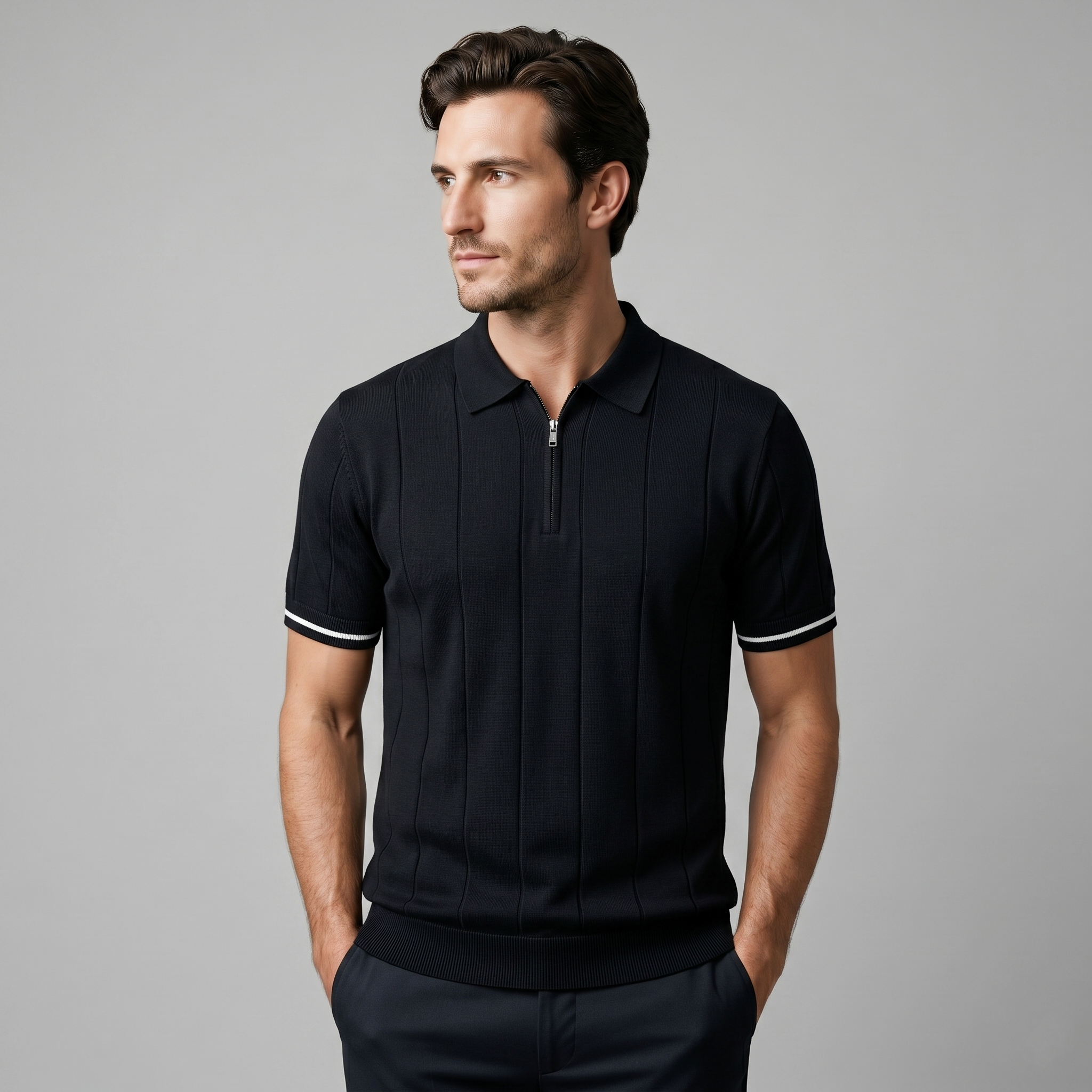 Poloshirt Heren Verticale Strepen Ritssluiting Casual