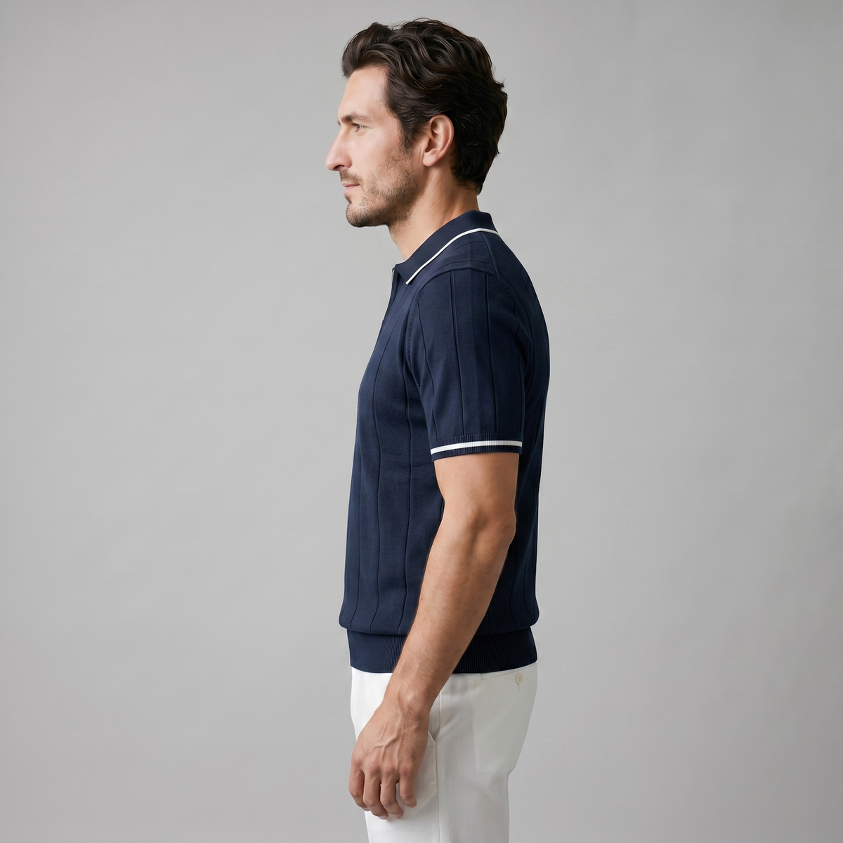 Poloshirt Heren Verticale Strepen Ritssluiting Casual