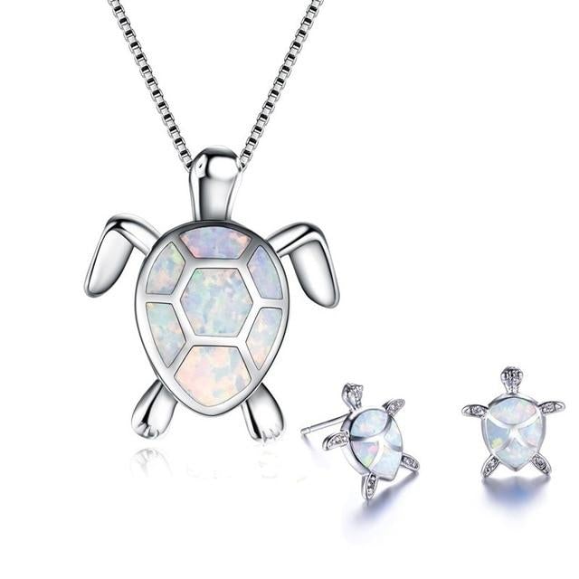 Zeewater Schildpad Ketting + Oorbellen Set in Opal en Zilver