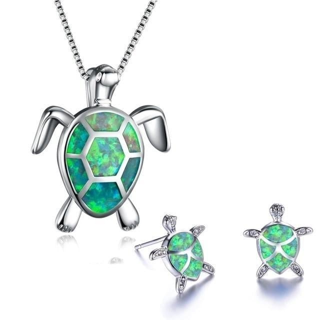 Zeewater Schildpad Ketting + Oorbellen Set in Opal en Zilver