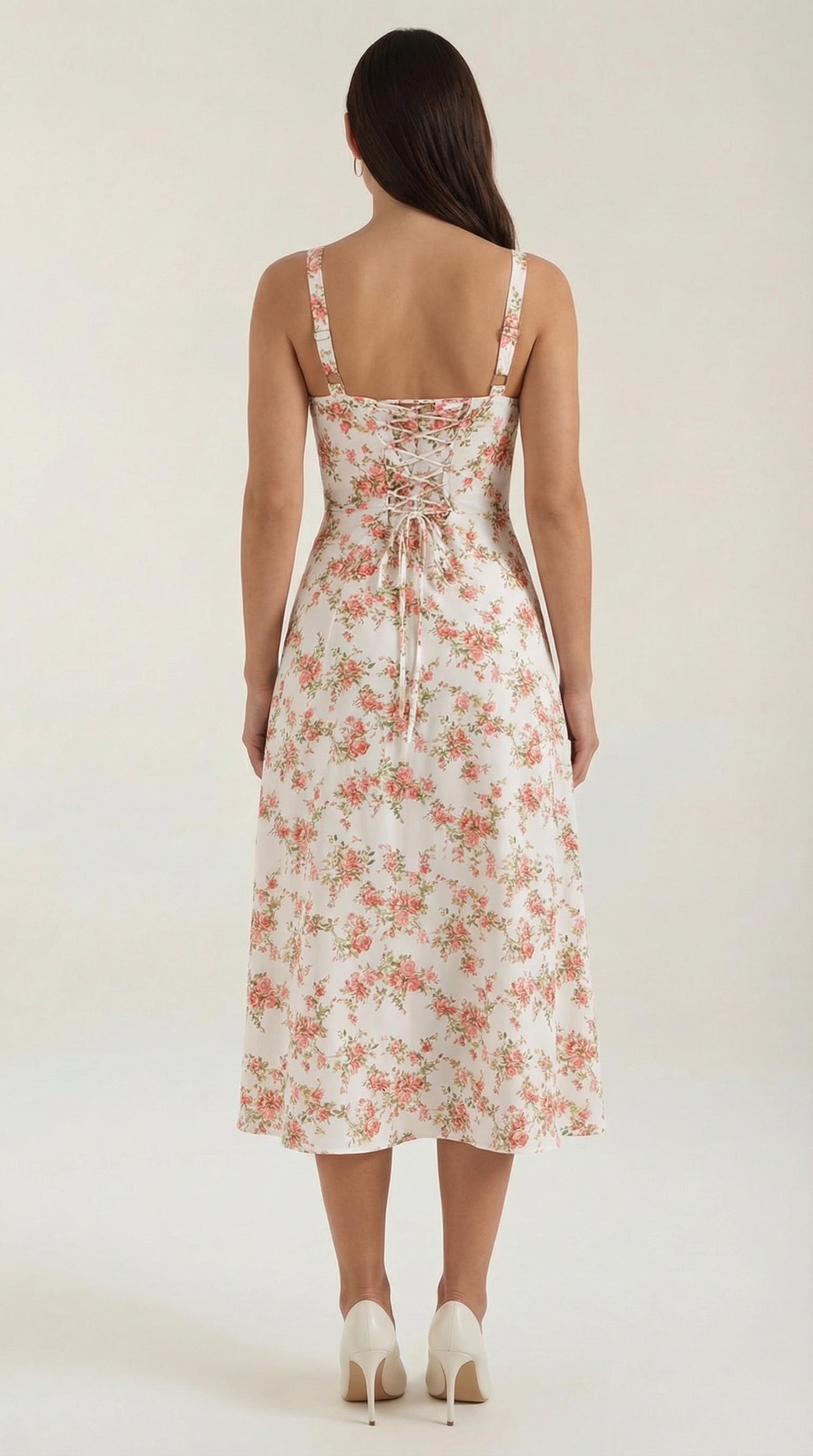 Midi-jurk dames A-lijn vintage bloemenprint hartvormige hals verstelbare rug