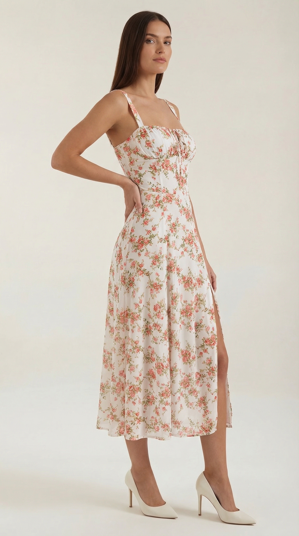Midi-jurk dames A-lijn vintage bloemenprint hartvormige hals verstelbare rug