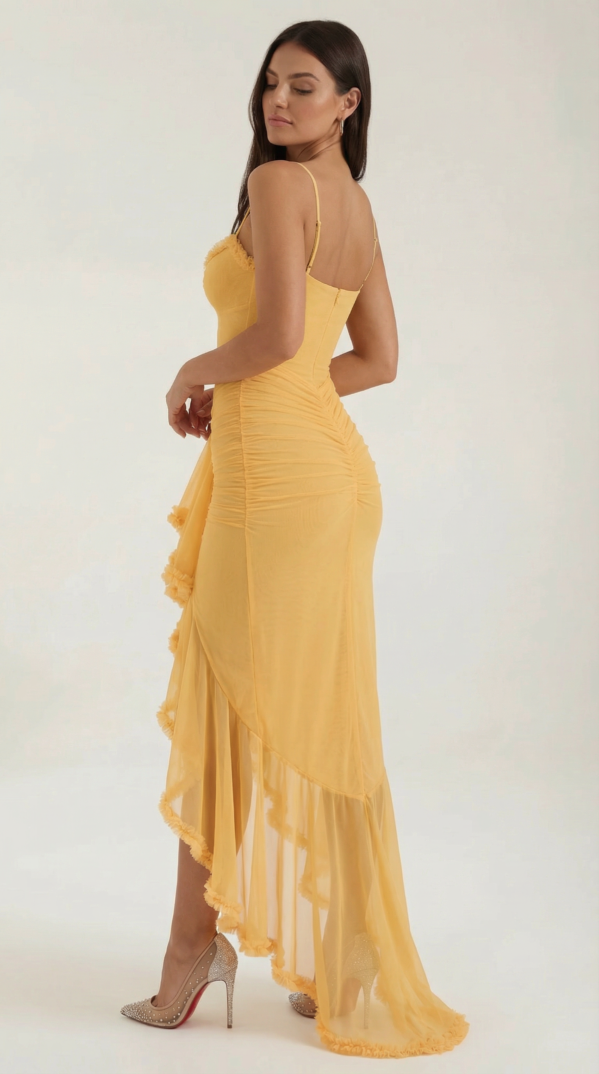 Maxi-jurk dames hartvormige hals ruches asymmetrische zoom spaghettibandjes