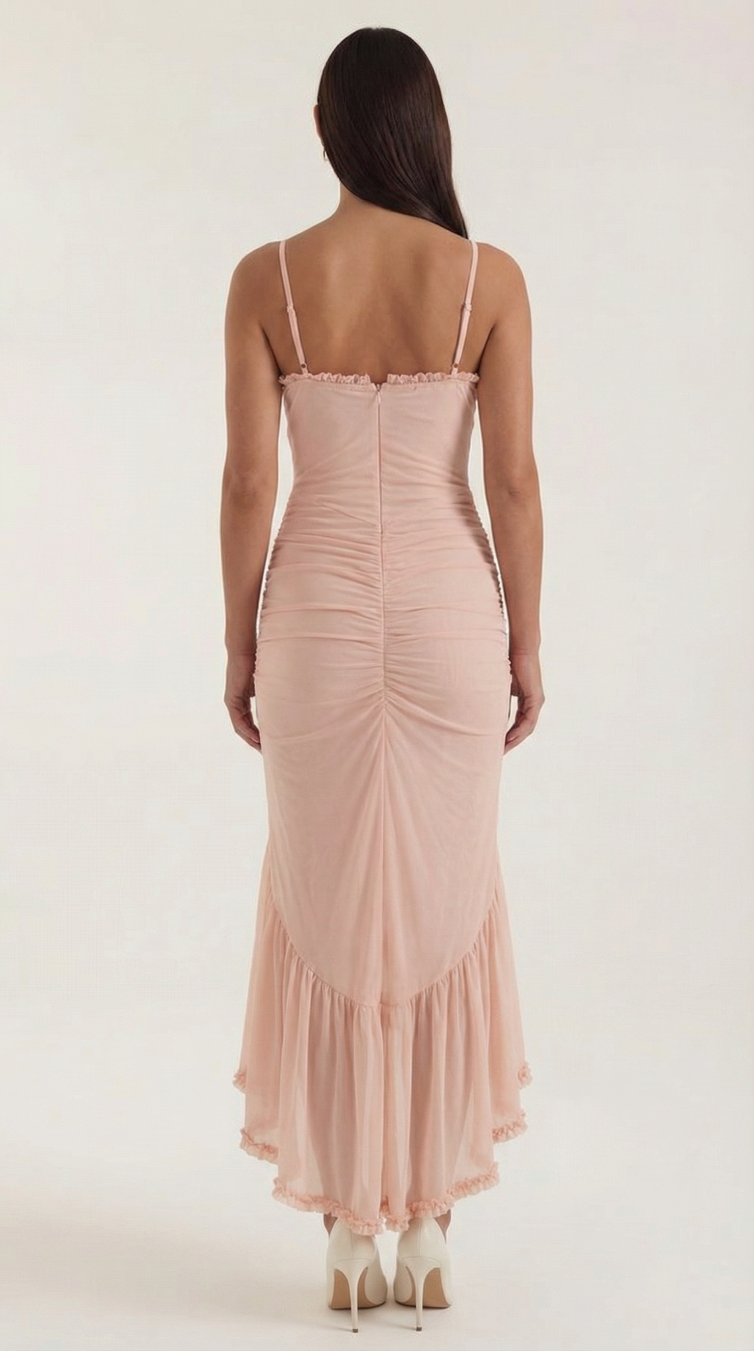 Maxi-jurk dames hartvormige hals ruches asymmetrische zoom spaghettibandjes