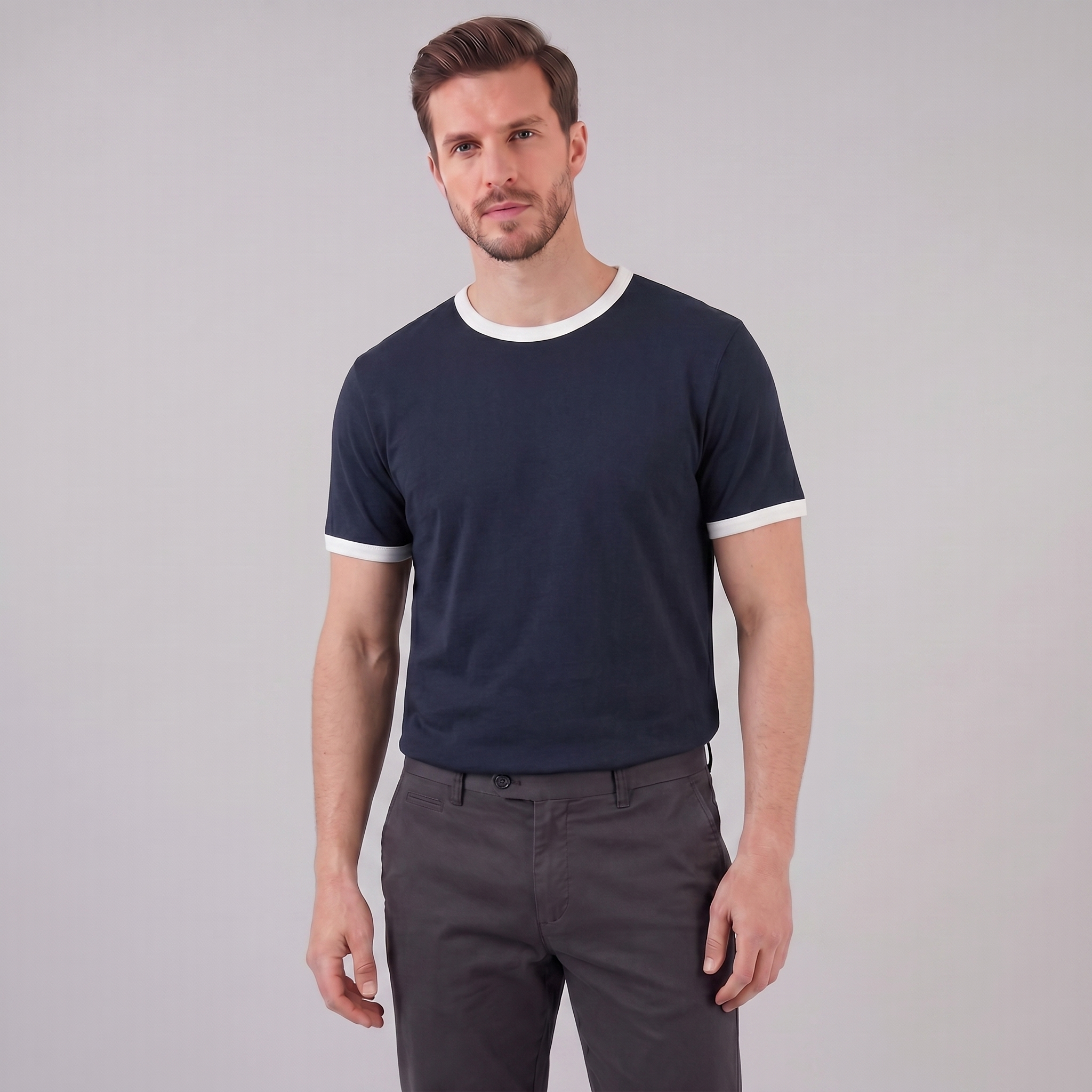 Smart Casual T-Shirt Heren Contrast Trim Crew Neck