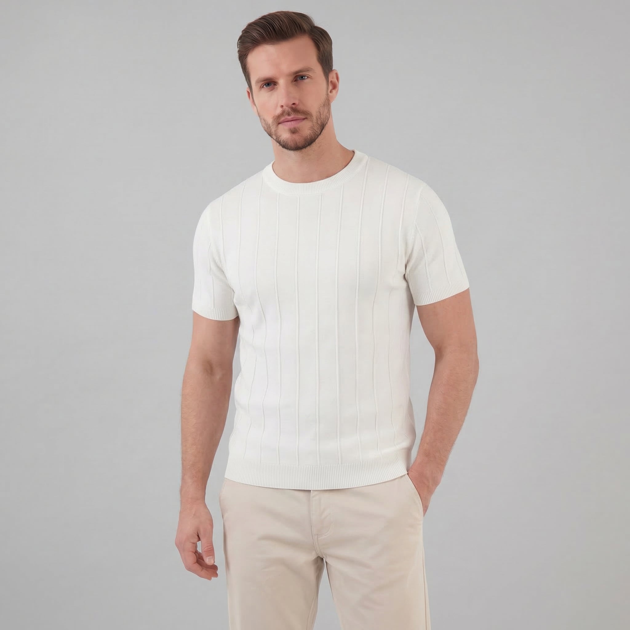 T-Shirt Heren Rib Knit Casual Chic Lange Mouwen