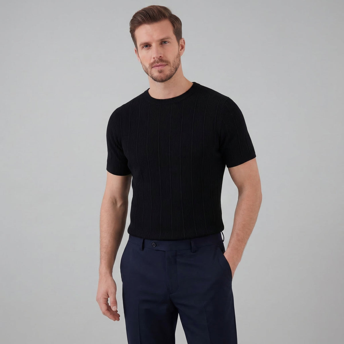T-Shirt Heren Rib Knit Casual Chic Lange Mouwen
