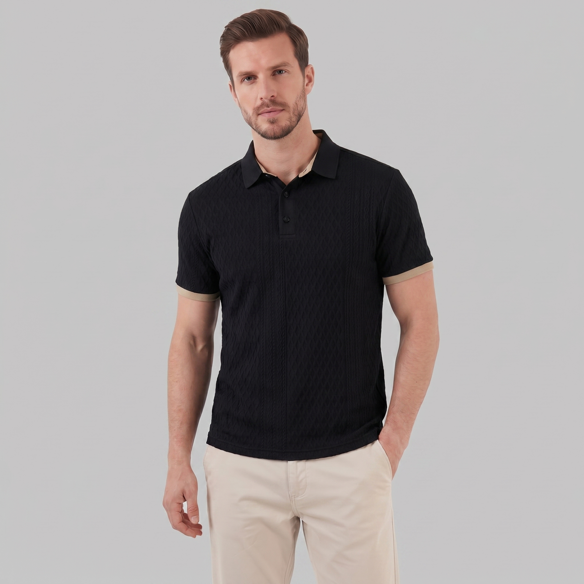 Textured Poloshirt Heren Contrast Kraag Tailored Fit