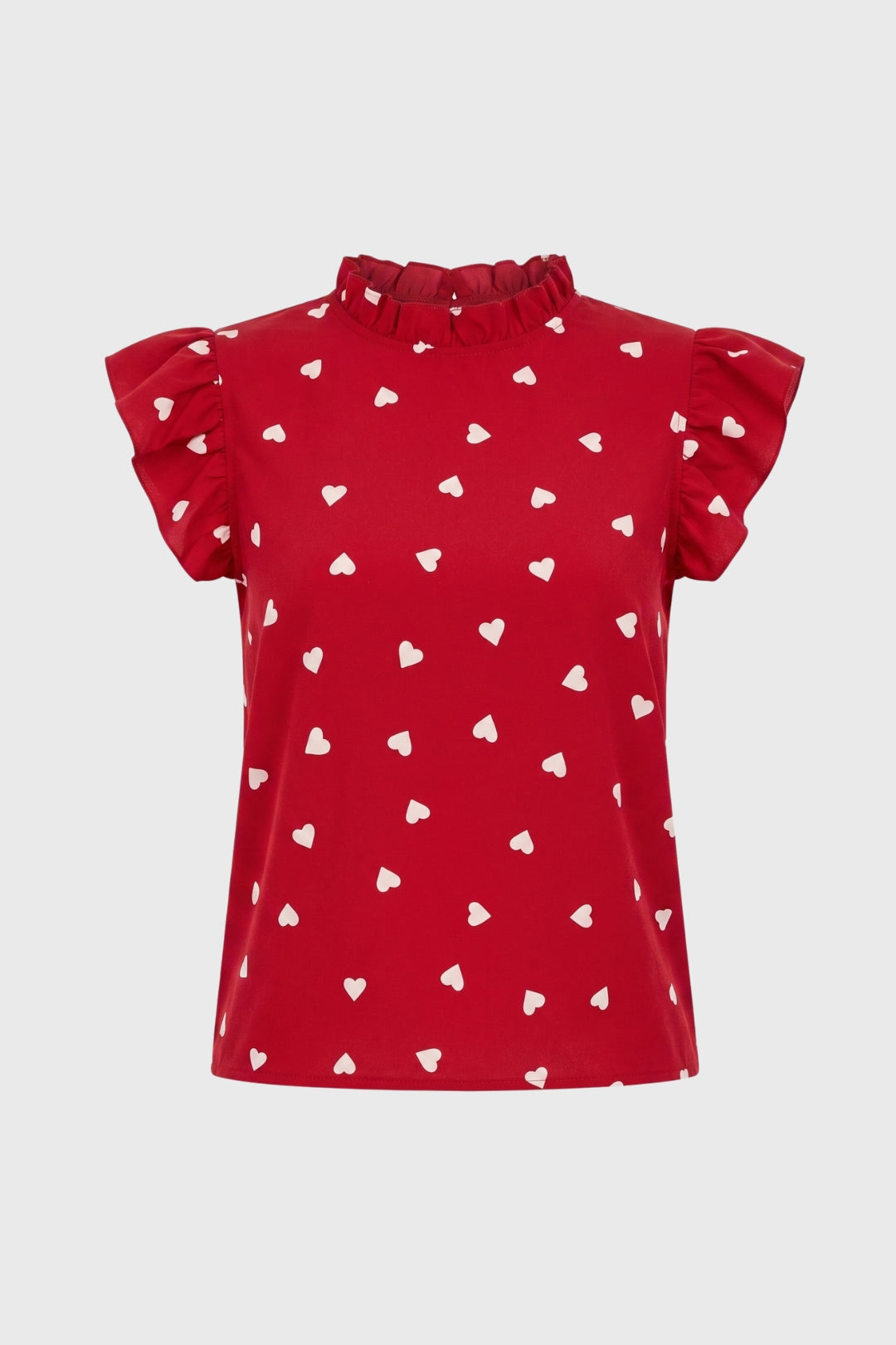 Top Dames Hartenprint Ruffle Mouwen Hoge Hals Casual