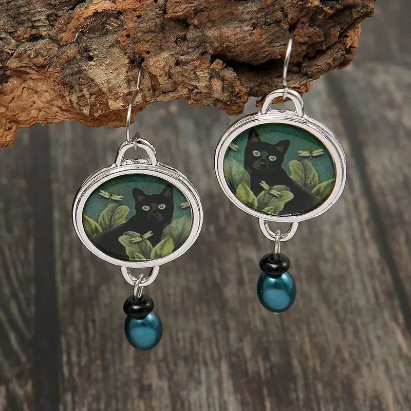 Vintage Tropische Zwarte Kat Dangle Oorbellen