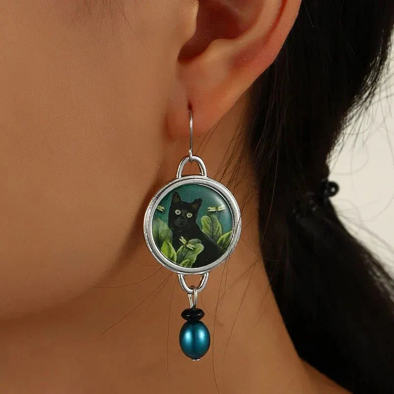 Vintage Tropische Zwarte Kat Dangle Oorbellen