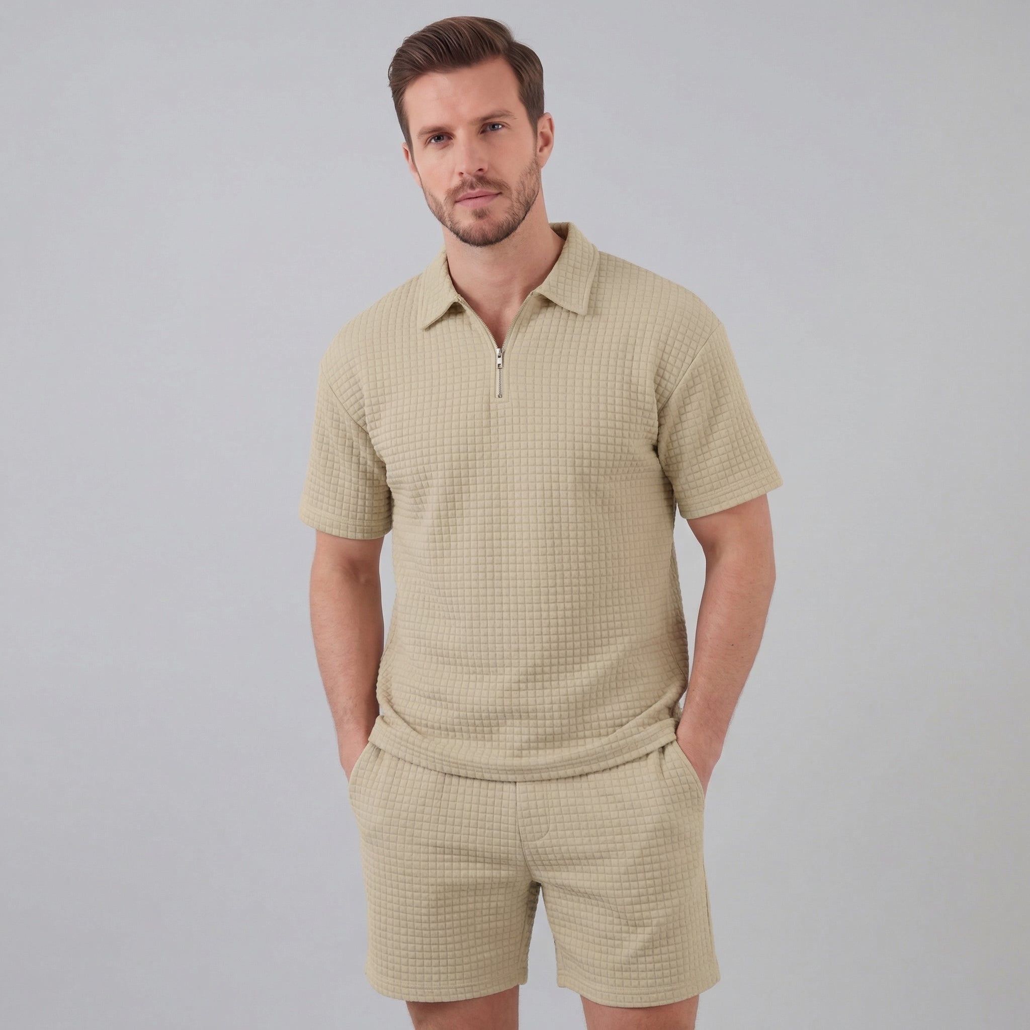 Waffle Knit Set Heren Zomer Casual Half Zip Polo