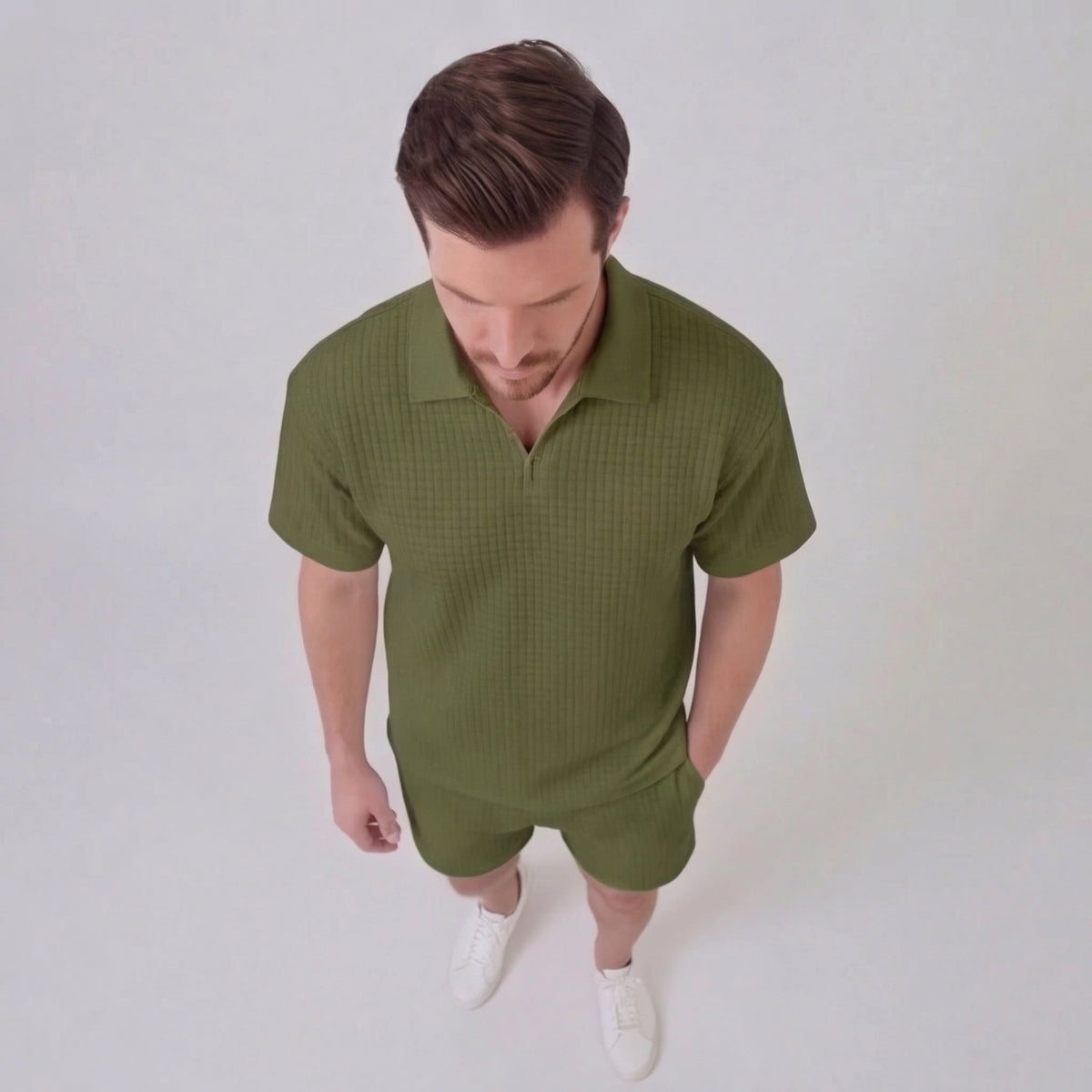 Waffle Knit Set Heren Zomer Casual Half Zip Polo