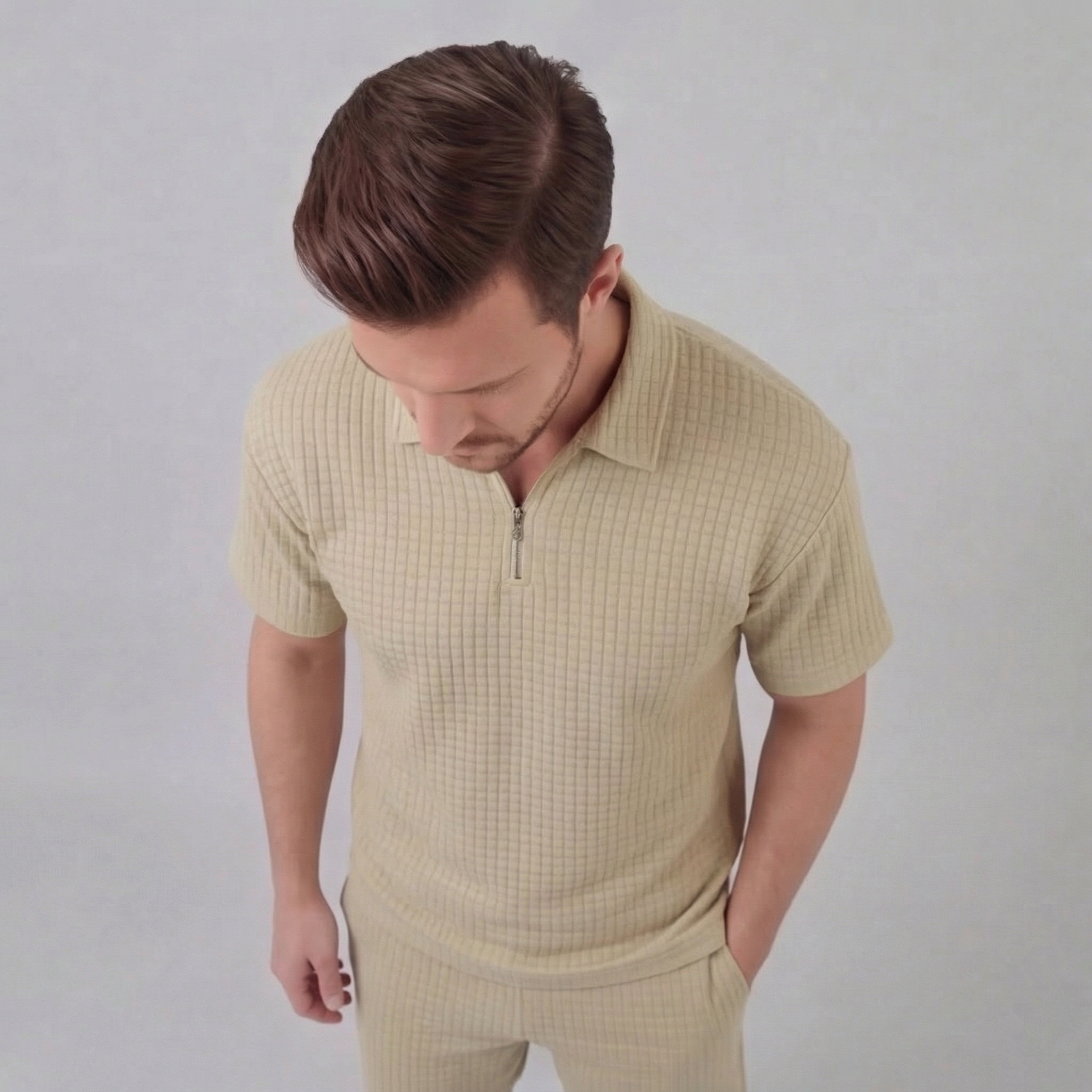Waffle Knit Set Heren Zomer Casual Half Zip Polo