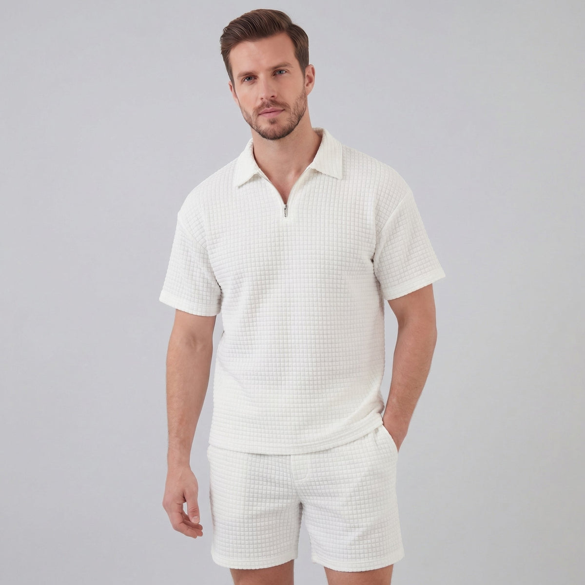 Waffle Knit Set Heren Zomer Casual Half Zip Polo